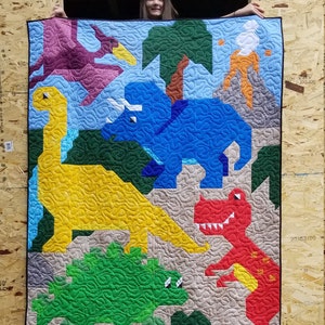 Dinosaur Friends Twin Size Quilt Pattern, 5 Dinosaurs in 1 pieced image, 66x86 twin, PDF download, Dinosaur Quilt Pattern image 5