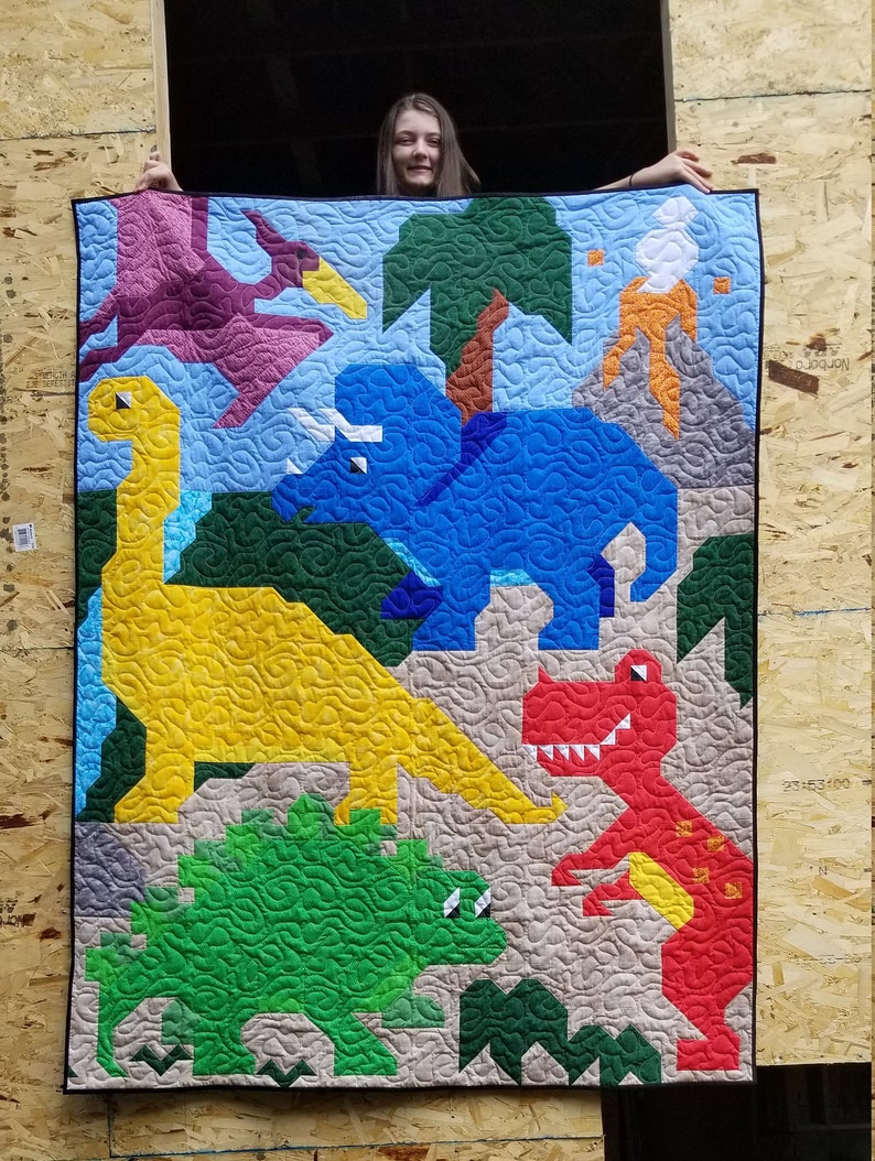 Dinosaur Friends Twin Size Quilt Pattern, 5 Dinosaurs in 1 pieced image, 66x86 twin, PDF download, Dinosaur Quilt Pattern image 5