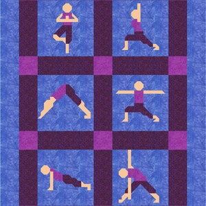May include: A blue and purple quilt with a pattern of yoga poses. The poses include tree pose, warrior one, downward-facing dog, warrior two, and plank pose.