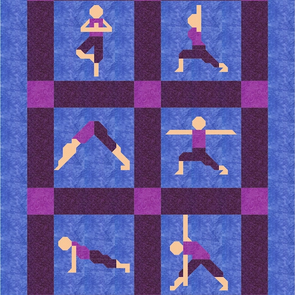 Yoga Quilt Pattern, Twin size 66x84 inches, Instant Download PDF, 6 Yoga Pose images 18x18 each, Traditionally Pieced