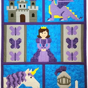 May include: A patchwork quilt featuring a grid of six panels with fantasy motifs. The design includes a gray castle, a purple dragon, a central figure wearing a crown and purple dress, six purple butterflies, a white unicorn, and a gray knight helmet.