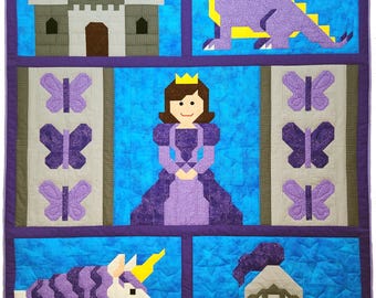 Fairytale Friends Twin Quilt Pattern, Princess, Knight, Dragon, Unicorn, Castle (PDF)