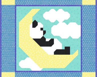 Sleepy Panda Quilt PATTERN, Baby quilt pattern, boy or girl bear pattern, 24x24 image, up to 45x45 with borders