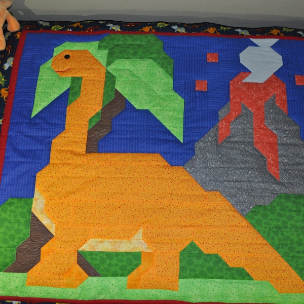 Dinosaur Quilt Pattern in multiple sizes 36x42 Baby Quilt pattern 24x28 and 48x56, Brontosaurus, Instant download PDF