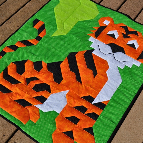 Tiger Baby Quilt Pattern, with 3 Sizes: 36x42 Baby, 24x28 wall, 48x56 throw, Jungle Quilt Pattern, Simple Pieced method, Downloadable PDF