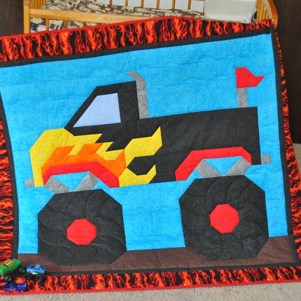 Monster Truck Quilt Pattern, Multiple sizes for Baby and Big Boys: 36x42, plus 24x28 and 48x56, Simple Pieced Pattern, Border for Twin, PDF