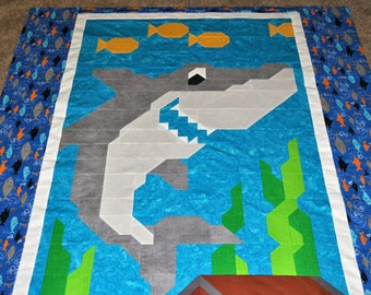 Shark Quilt Pattern for Twin Bed, Instant Download PDF, Finished size 63x85 inches, Pieced pattern Great for Beginners