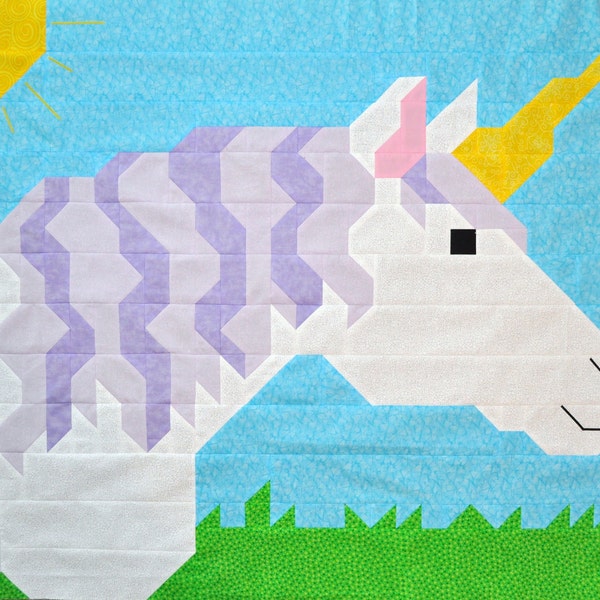 Unicorn Quilt Pattern for Baby Girls to Teens, with 3 sizes24x28, 36x42, 48x56, the smallest works as a pillowcase, PDF