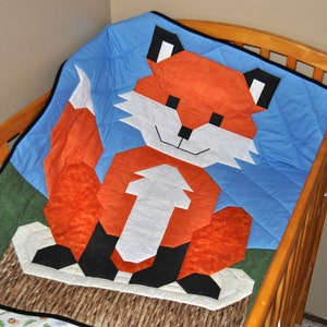 Baby Fox Quilt Pattern, Crib size image with additional sizes, Instant Download this unique traditionally pieced art quilt