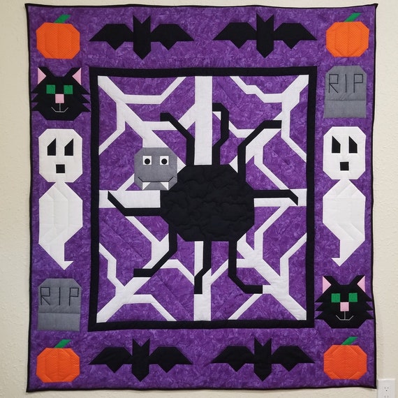 Halloween Throw Quilt Pattern: Spider, Cats, Bats (Digital Copy)