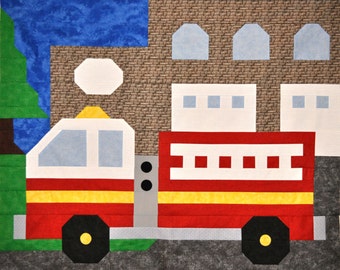 Fire Truck Quilt Pattern for baby boys, 36x42 Crib, with alternate sizes 24x28 and 48x56, add Borders to make the large a Twin Size, PDF
