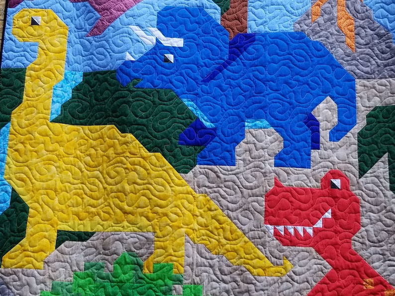Dinosaur Friends Twin Size Quilt Pattern, 5 Dinosaurs in 1 pieced image, 66x86 twin, PDF download, Dinosaur Quilt Pattern image 3