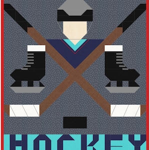 May include: A blue and white hockey player with two crossed hockey sticks, a black puck, and the word "HOCKEY" in blue and white letters on a grey background.