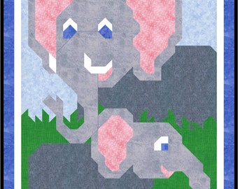 Elephant Baby Twin Size Quilt Pattern, large 56x76 image, finished size 66x86, Digital download PDF, great for a jungle room