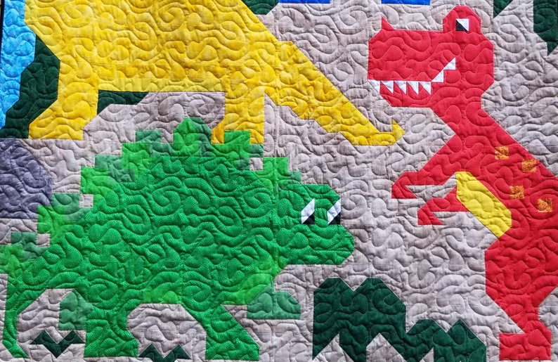 Dinosaur Friends Twin Size Quilt Pattern, 5 Dinosaurs in 1 pieced image, 66x86 twin, PDF download, Dinosaur Quilt Pattern image 2