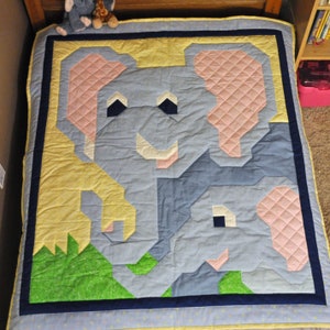 Elephant Baby Quilt Pattern, 3 sizes included 36x42, 24x28, 48x56, Simple pattern for beginners, Digital download PDF