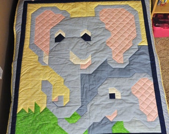 Elephant Baby Quilt Pattern, 3 sizes included 36x42, 24x28, 48x56, Simple pattern for beginners, Digital download PDF