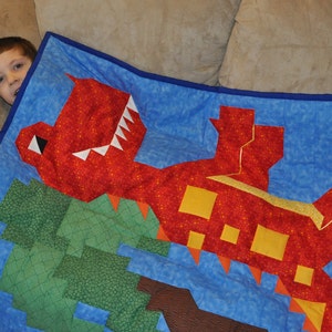 T-Rex Quilt Pattern, 3 sizes: 36x42, 24x28, 48x56, Instant Download - PDF, Baby Dinosaur quilt pattern, border for a Twin size Boy Quilt