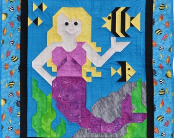 Mermaid Quilt Pattern with multiple sizes 36x42 crib size plus 24x28 and 48x56, Easy Quilt Pattern, Traditionally pieced, Little Girl Quilt