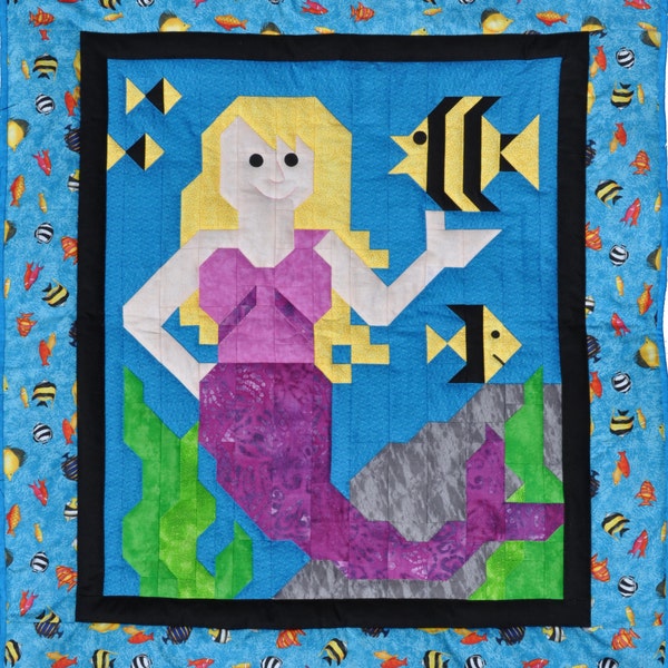 Mermaid Quilt Pattern with multiple sizes 36x42 crib size plus 24x28 and 48x56, Easy Quilt Pattern, Traditionally pieced, Little Girl Quilt