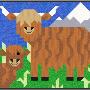 Quilt Pattern of Highland Cow, Comes with 3 sizes, as digital download PDF