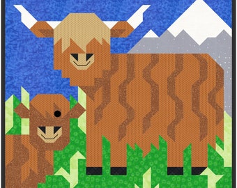 Quilt Pattern of Highland Cow, Comes with 3 sizes, as digital download PDF