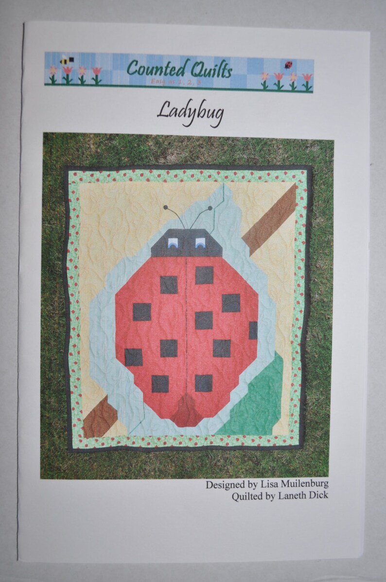 May include: A counted cross stitch pattern for a quilt featuring a red ladybug with black spots on a green leaf. The pattern is titled "Ladybug" and is designed by Lisa Muilenburg and quilted by Laneth Dick.
