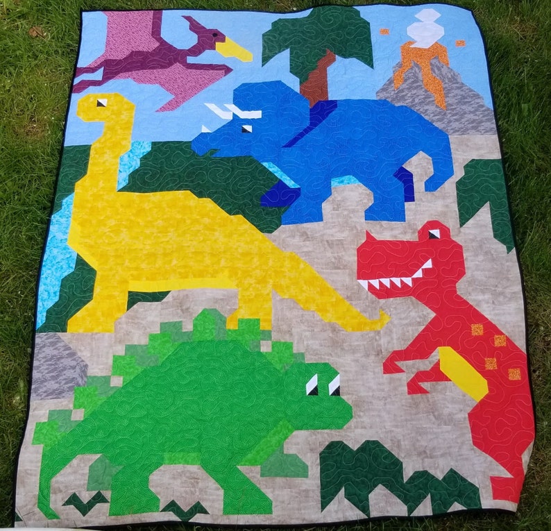 Dinosaur Friends Twin Size Quilt Pattern, 5 Dinosaurs in 1 pieced image, 66x86 twin, PDF download, Dinosaur Quilt Pattern image 1