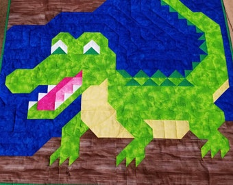 Alligator Quilt Anleitung in mehreren Größen 36x42 Baby Quilt, 24x28 Wand und 48x56 Decke, Bordüre für einen Jungen Twin Größe Quilt, PDF