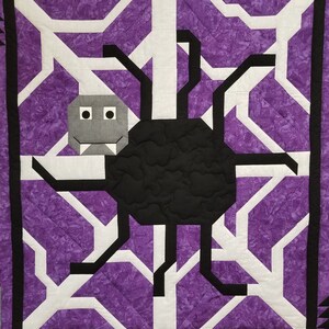 May include: A black spider with a grey face and white eyes sits on a purple and white web. The web is surrounded by a black border.