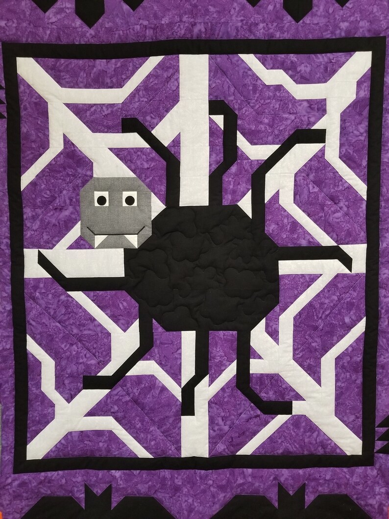 May include: A black spider with a grey face and white eyes sits on a purple and white web. The web is surrounded by a black border.