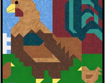 Rooster Quilt Pattern, traditionally pieced image, includes 3 sizes, instant download PDF, Children's Farm Quilt