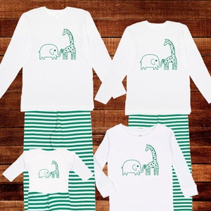 Elephant Giraffe Pajamas - Green Striped Family Pajamas - Long Sleeved Fathers Day Set - Mom Dad Men Women Boy Girl Son Daughter Pjs Pajama