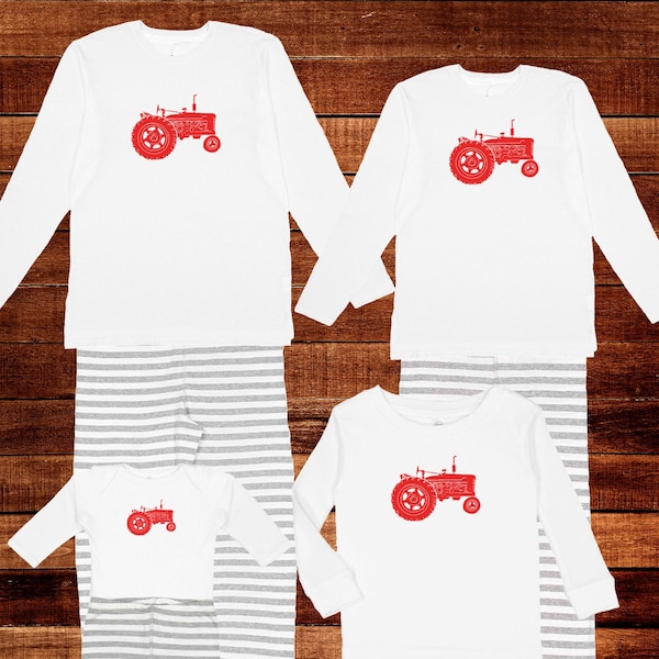 Tractor Family Pajamas - Red Tractor Farming Farmer Farm PJs - Pajama Matching PJ Men Women Boy Girl Child Kid Matching Pjs Valentines Gift