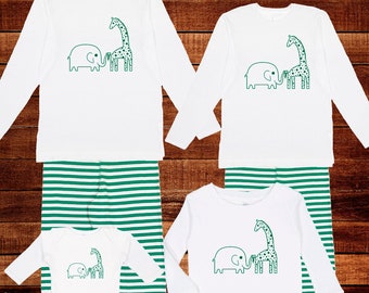 Elephant Giraffe Pajamas - Green Striped Family Pajamas - Long Sleeved Fathers Day Set - Mom Dad Men Women Boy Girl Son Daughter Pjs Pajama