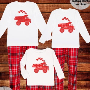 Fathers Day Pajamas Dump Truck with Hearts pajama Christmas Day Boy Matching PJ Men Women Red Flannel Plaid Matching Pjs Valentines Gift