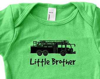 Little Brother Fire Truck Shirt - Little Brother Baby one piece Green Blue - 3-6 month, 6-12 month, 12-18 month, 18-24 month - Gift Friendly