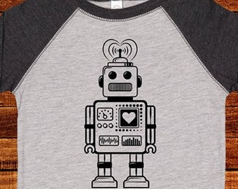 Love Robot - Robot Present Heart with Hearts Shirt for Boys Girls Raglan 3/4 Long Sleeved T Shirt - Tee Baseball Sleeve Great Robot Kids Tee