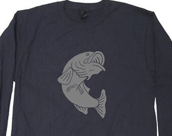 Fishing Mens Long Sleeved Bass Fish Shirt - Mens / Unisex Long Sleeved Cotton Shirt - Size Small Medium Large XL 2XL -Great Gift For Him