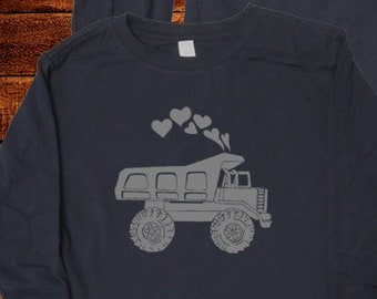 Kids Valentines Gift Dump Truck Long Sleeved Shirt - Shirt in Baby, Toddler, Kids, Mens Adult Sizes Boys or Girls Shirt Valentine's Gift