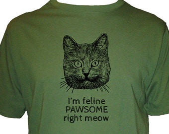 Funny Cat Shirt - I'm Feline Pawsome Right Meow Mens Shirt - Mens Organic Shirt - Lolcats Cat Meme - Gift Friendly