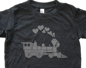 Love Trains Boys Train Engine Hearts Shirt - Youth Boy TShirt / Super Soft Kids Tee Sizes 2T 4T 6 8 10 12 - Heather Black