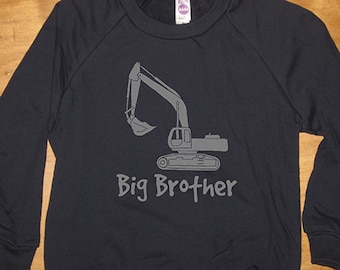 Big Brother Sweatshirt - Kids Big Brother Shirt - Backhoe Digger Long Sleeved Shirt Navy Blue - Fleece 2T, 8, 10, 12  - Gift Friendly