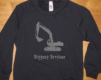 Biggest Brother Sweatshirt - Kids Big Brother Shirt - Backhoe Digger Long Sleeved Navy Blue - Fleece 2T, 8, 10, 12  - Gift Friendly