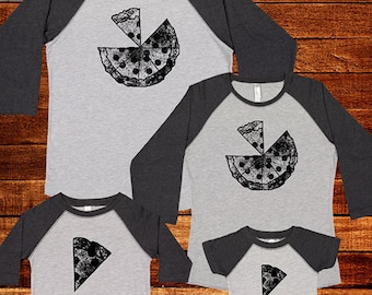 Matching Pizza Shirts - Family TShirts Baseball Raglan Sleeves in Black Blue or Pink  Pizza with 1 2 3 or 4 Slices Kids Mens Women Baby Tees