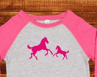 Horses - Cute Horse Pair Shirt for Girls or Boys Pink Blue Black Raglan 3/4 Long Sleeved T Shirt Tee Baseball Sleeve Pony Rodeo Kids Tee