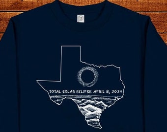 Total Solar Eclipse April 8 2024 Sweatshirt - Kids / Girls or Boys Long Sleeved Navy Blue - Fleece Shirt - Gift Friendly Texas Party Watch