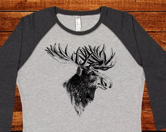 Moose Shirt - Moose Head with Antlers Adventure T Shirt for Women - Long Raglan - Baseball 3/4 Length Pink Blue Black Sleeve Plus Sizes Also