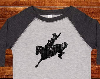 Cowboy - Horse and Rider Rodeo Shirt for Boys or Girls Raglan 3/4 Long Sleeved T Shirt - Tee Baseball Sleeve Great Cowgirl Farm Kids Tee