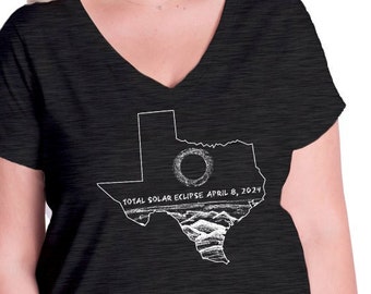 Total Solar Eclipse Texas Path of Totality Viewing Party Womens Plus Size V Neck Shirt - Womens Tee Shirt - Womens Ladies T Shirt Sun Moon